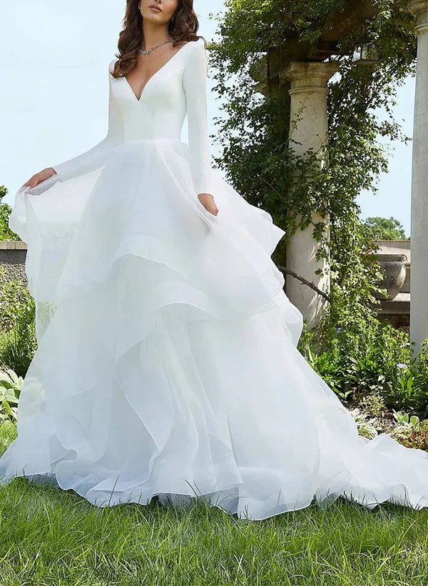 Luolandi V-Neck Ball-Gown Wedding Dresses With Long Sleeves And Cascading Ruffles In Satin/Organza